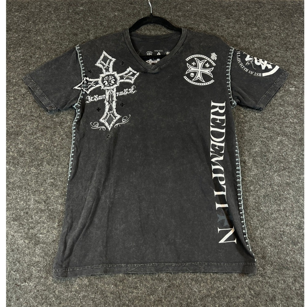 Raw State Redemption Small Black Cross Wing Whipstitch Tee Y2K Distressed Edgy